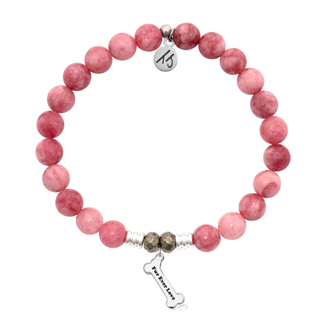 Pink Jade Stone Bracelet with Fur Ever Love Sterling Silver Charm