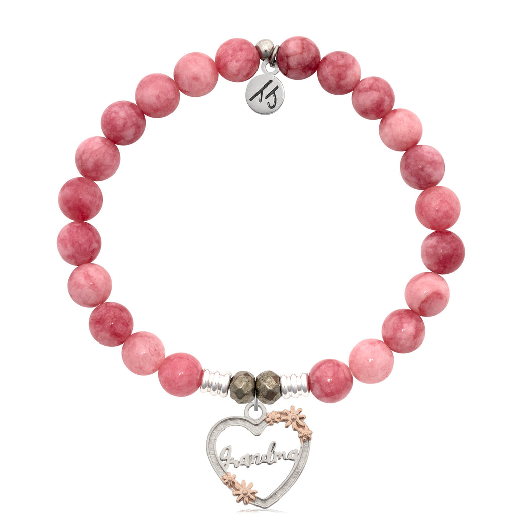 Pink Jade Stone Bracelet with Heart Grandma Sterling Silver Charm