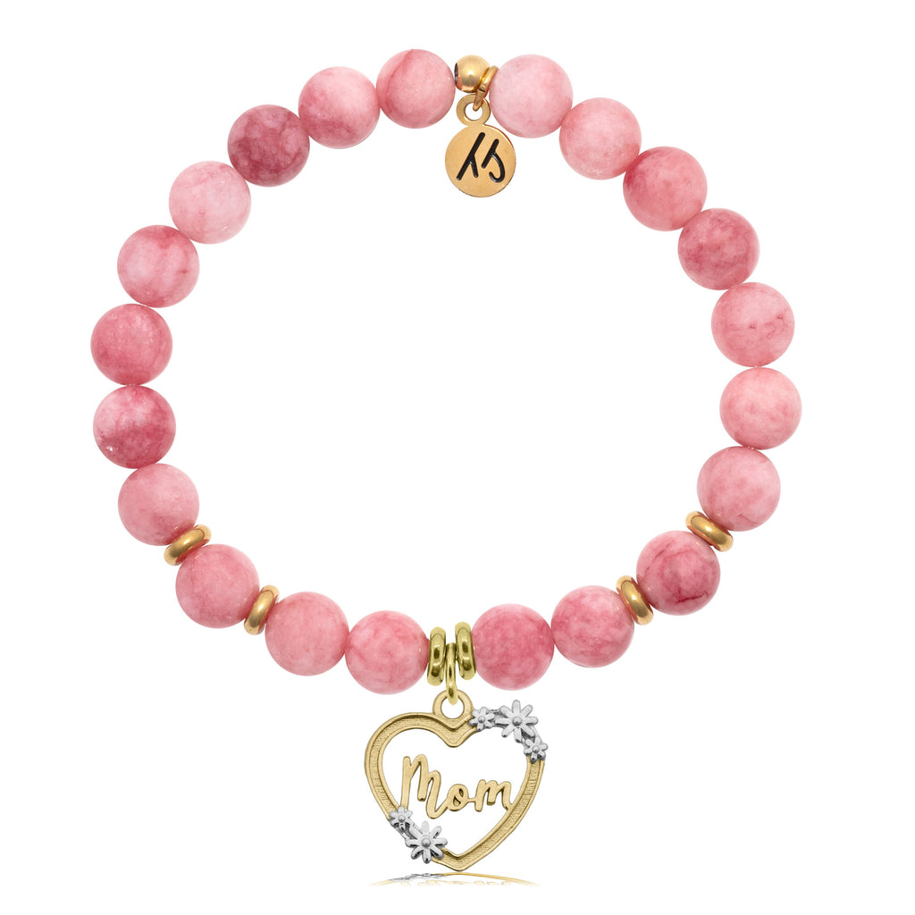 Pink Jade Stone Bracelet with Heart Mom Gold Charm