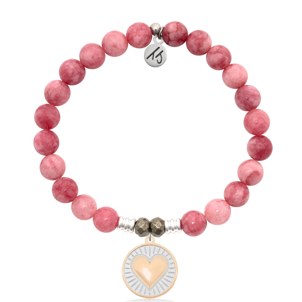 Pink Jade Stone Bracelet with Heart of Gold Sterling Silver Charm