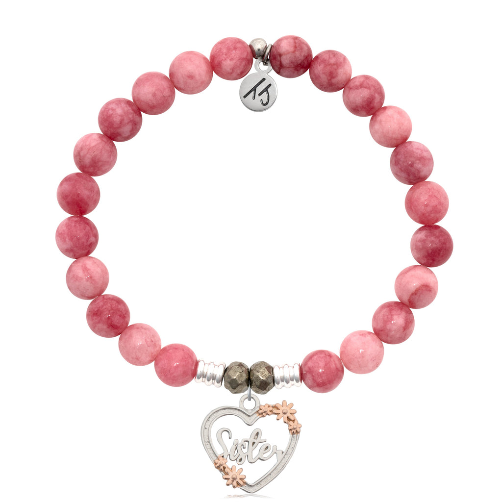 Pink Jade Stone Bracelet with Heart Sister Sterling Silver Charm