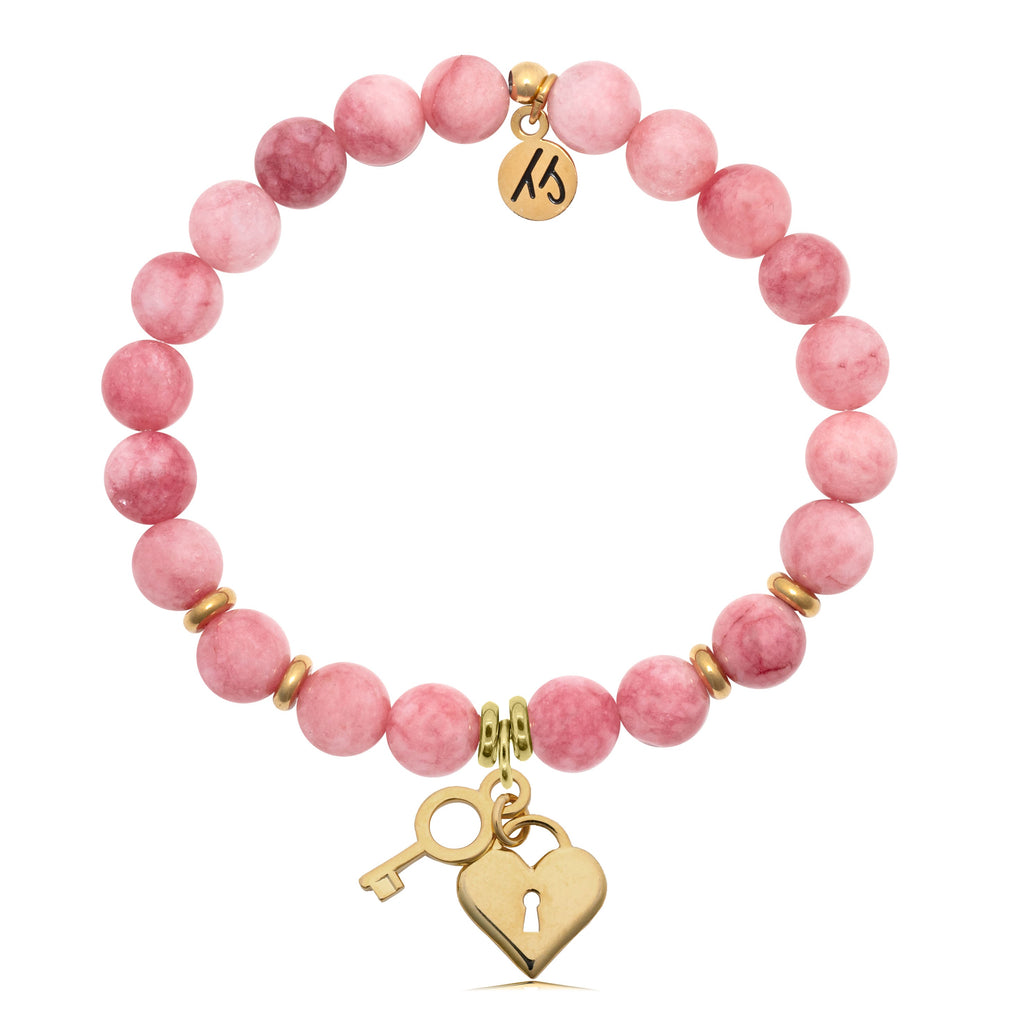 Pink Jade Stone Bracelet with Key to my Heart Gold Charm