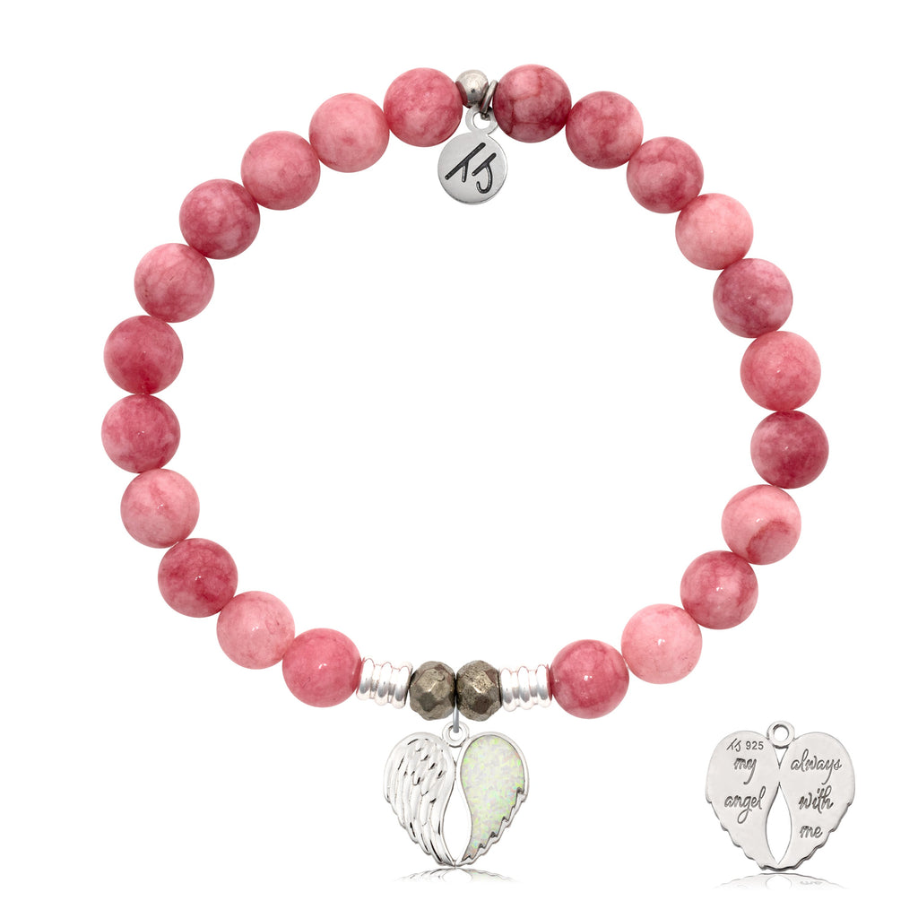 Pink Jade Stone Bracelet with My Angel Sterling Silver Charm