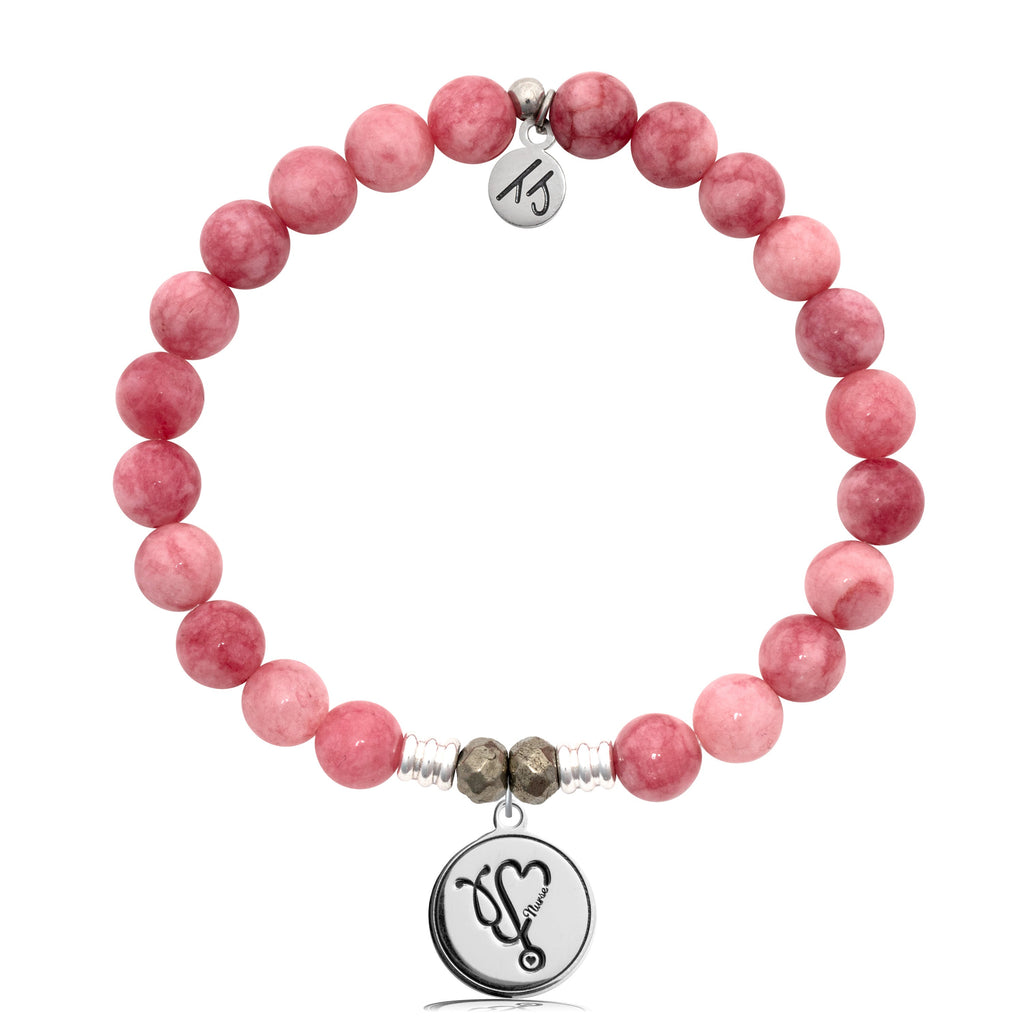 Pink Jade Stone Bracelet with Nurse Sterling Silver Charm