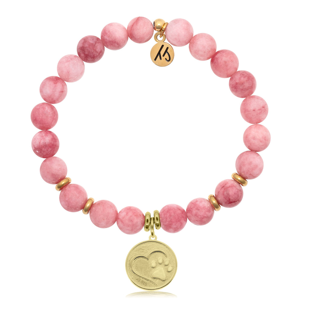 Pink Jade Stone Bracelet with Paw Print Gold Charm