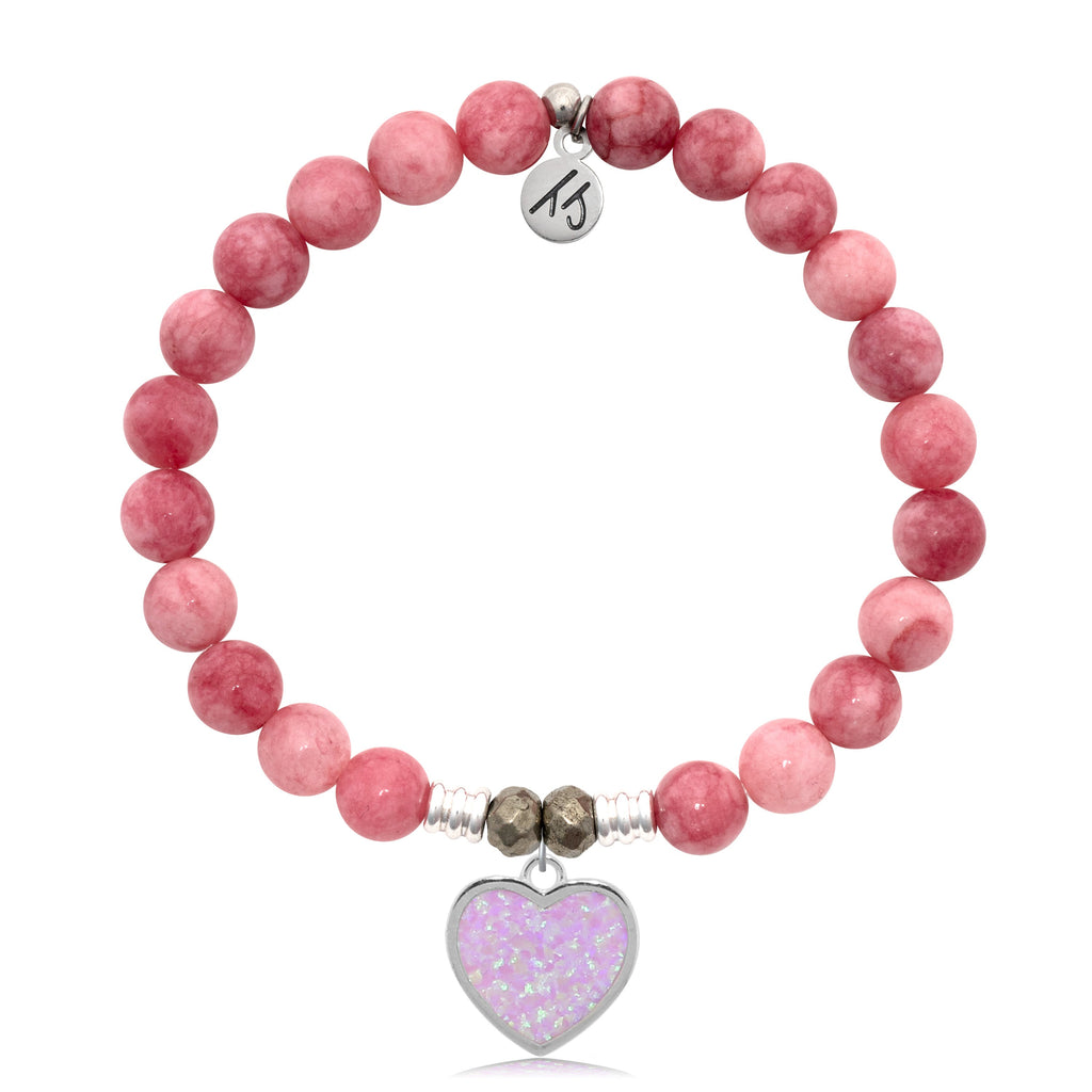 Pink Jade Stone Bracelet with Pink Opal Heart Sterling Silver Charm