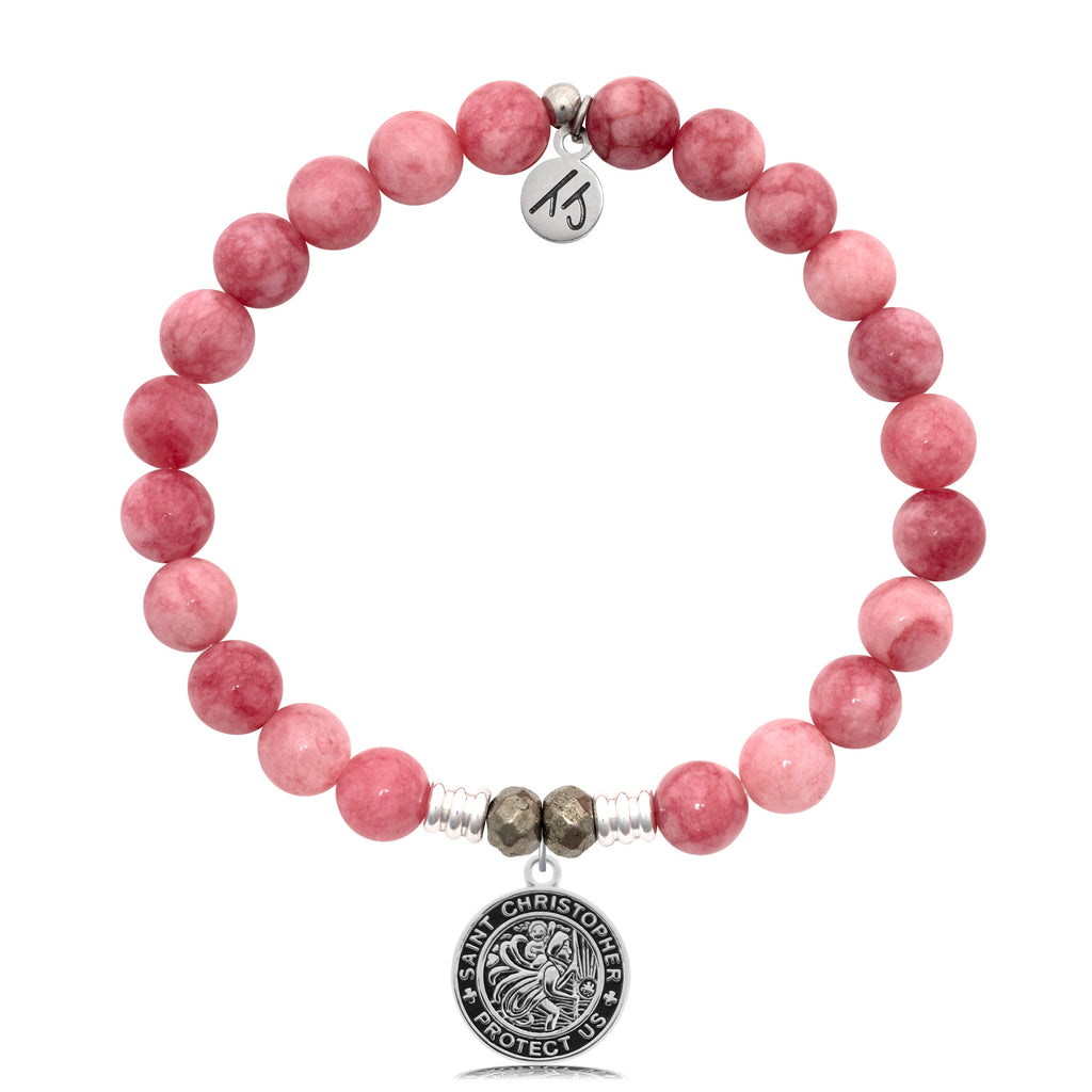 Pink Jade Stone Bracelet with Saint Christopher Sterling Silver Charm