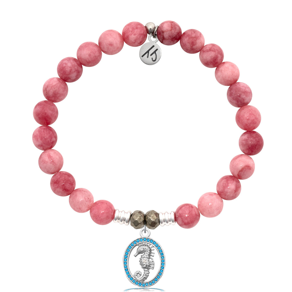 Pink Jade Stone Bracelet with Seahorse Sterling Silver Charm