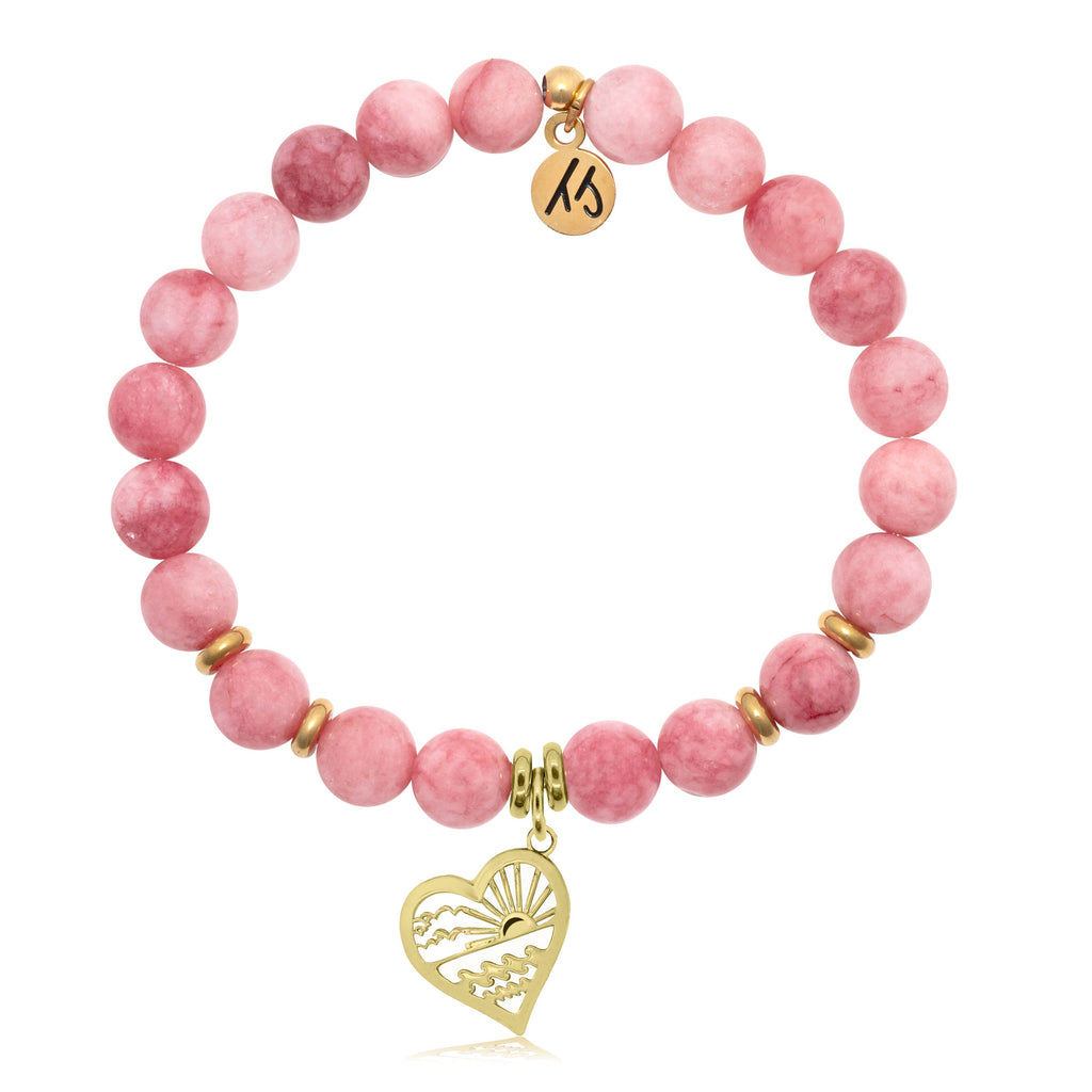 Pink Jade Stone Bracelet with Seas the Day Gold Charm