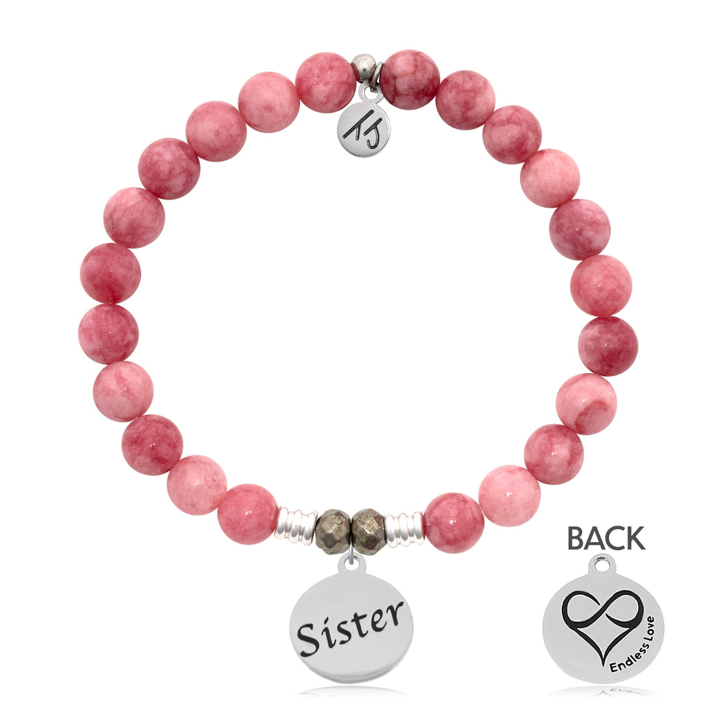 Pink Jade Stone Bracelet with Sister Sterling Silver Charm