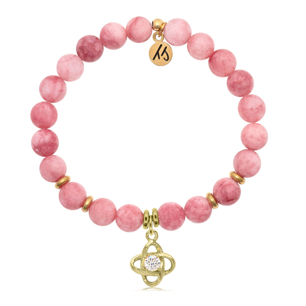 Pink Jade Stone Bracelet with Stronger Together Gold Charm