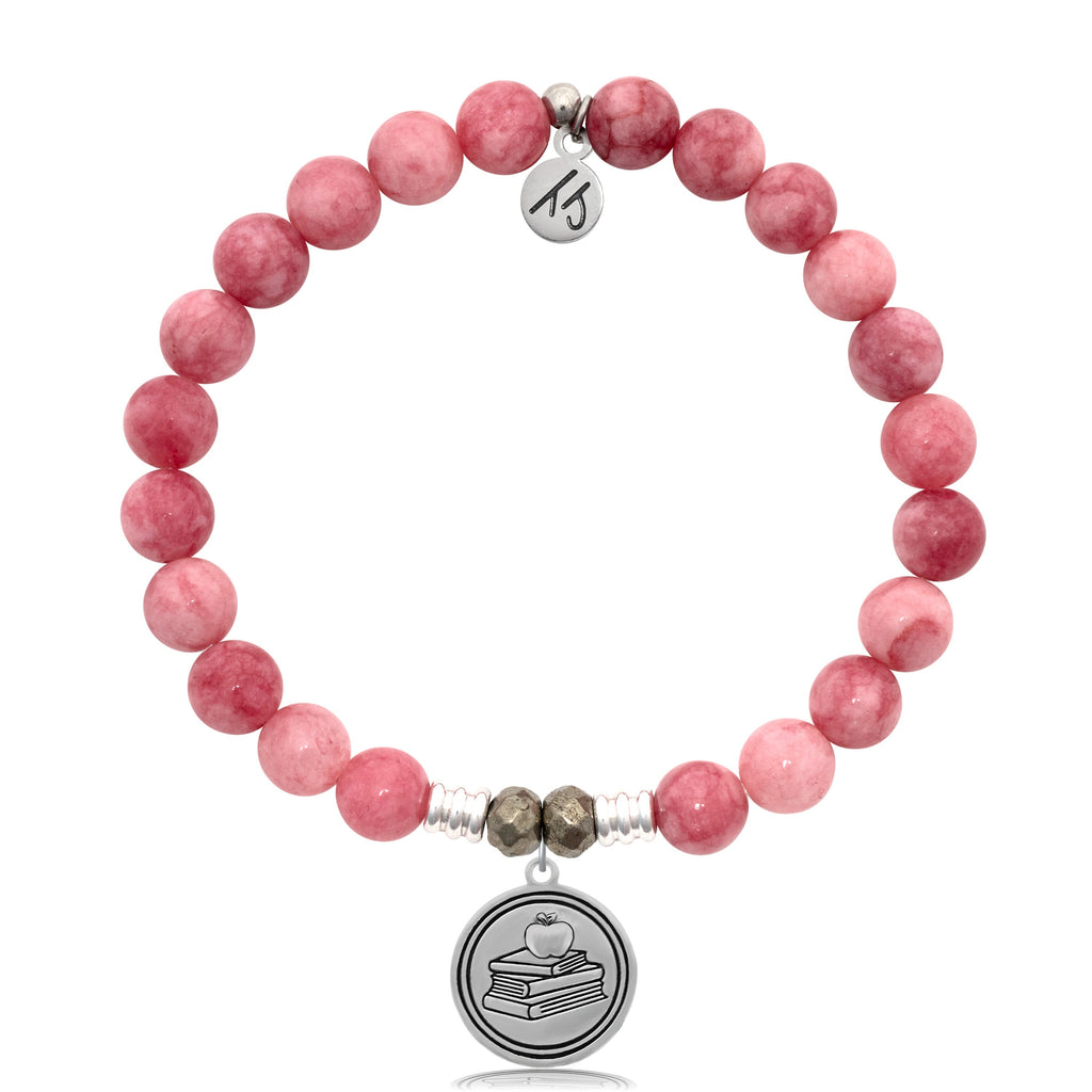 Pink Jade Stone Bracelet with Teacher Sterling Silver Charm