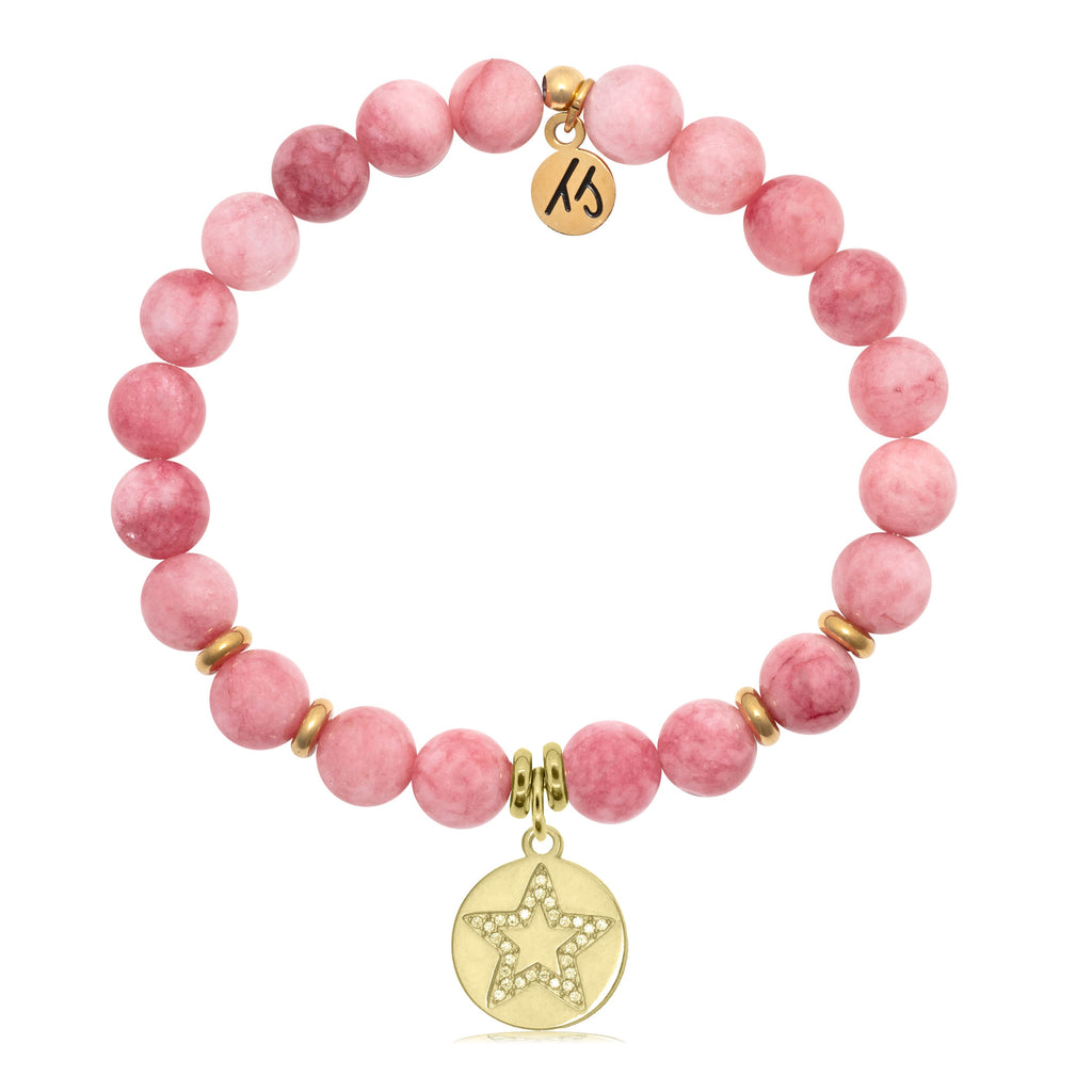 Pink Jade Stone Bracelet with Wish on a Star Gold Charm