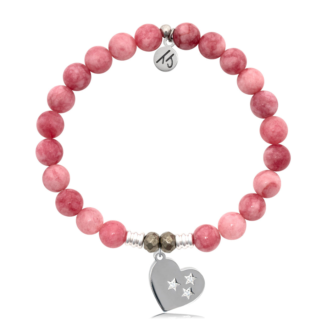 Pink Jade Stone Bracelet with Wishing Heart Sterling Silver Charm