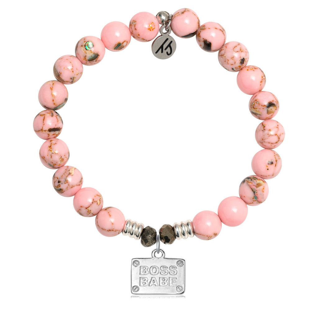 Pink Shell Stone Bracelet with Boss Babe Sterling Silver Charm