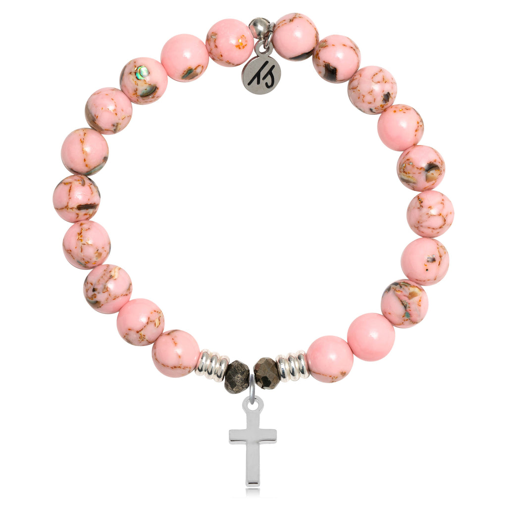 Pink Shell Stone Bracelet with Cross Sterling Silver Charm