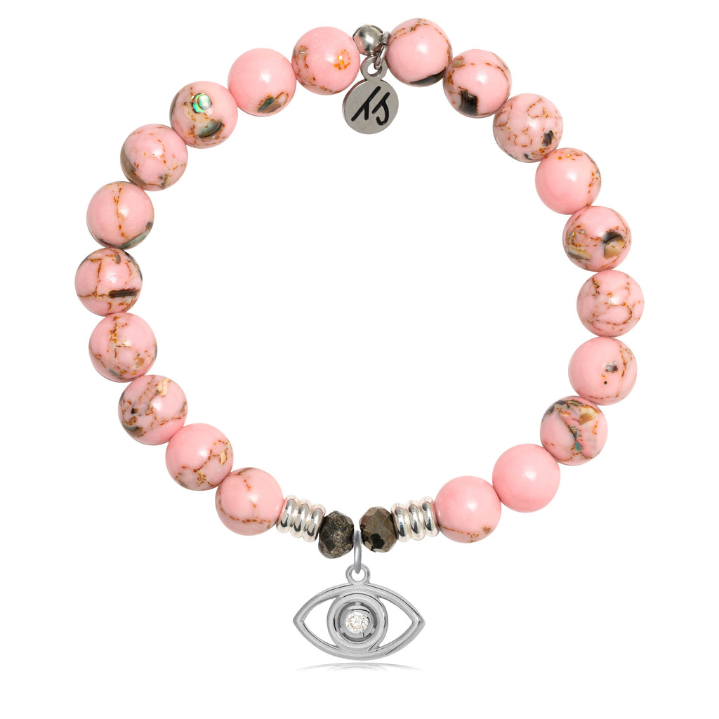 Pink Shell Stone Bracelet with Evil Eye Sterling Silver Charm