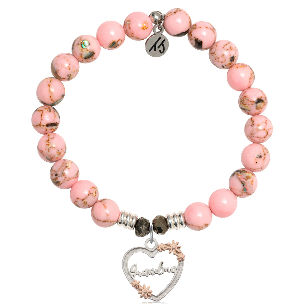 Pink Shell Stone Bracelet with Heart Grandma Sterling Silver Charm