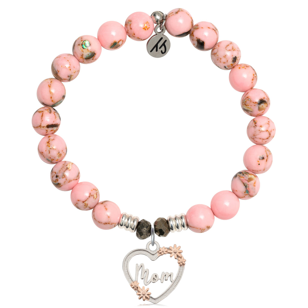 Pink Shell Stone Bracelet with Heart Mom Sterling Silver Charm