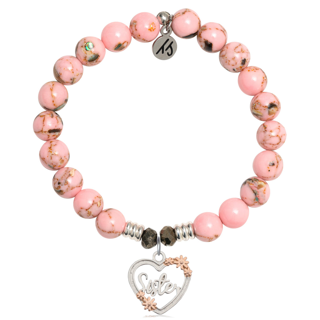Pink Shell Stone Bracelet with Heart Sister Sterling Silver Charm