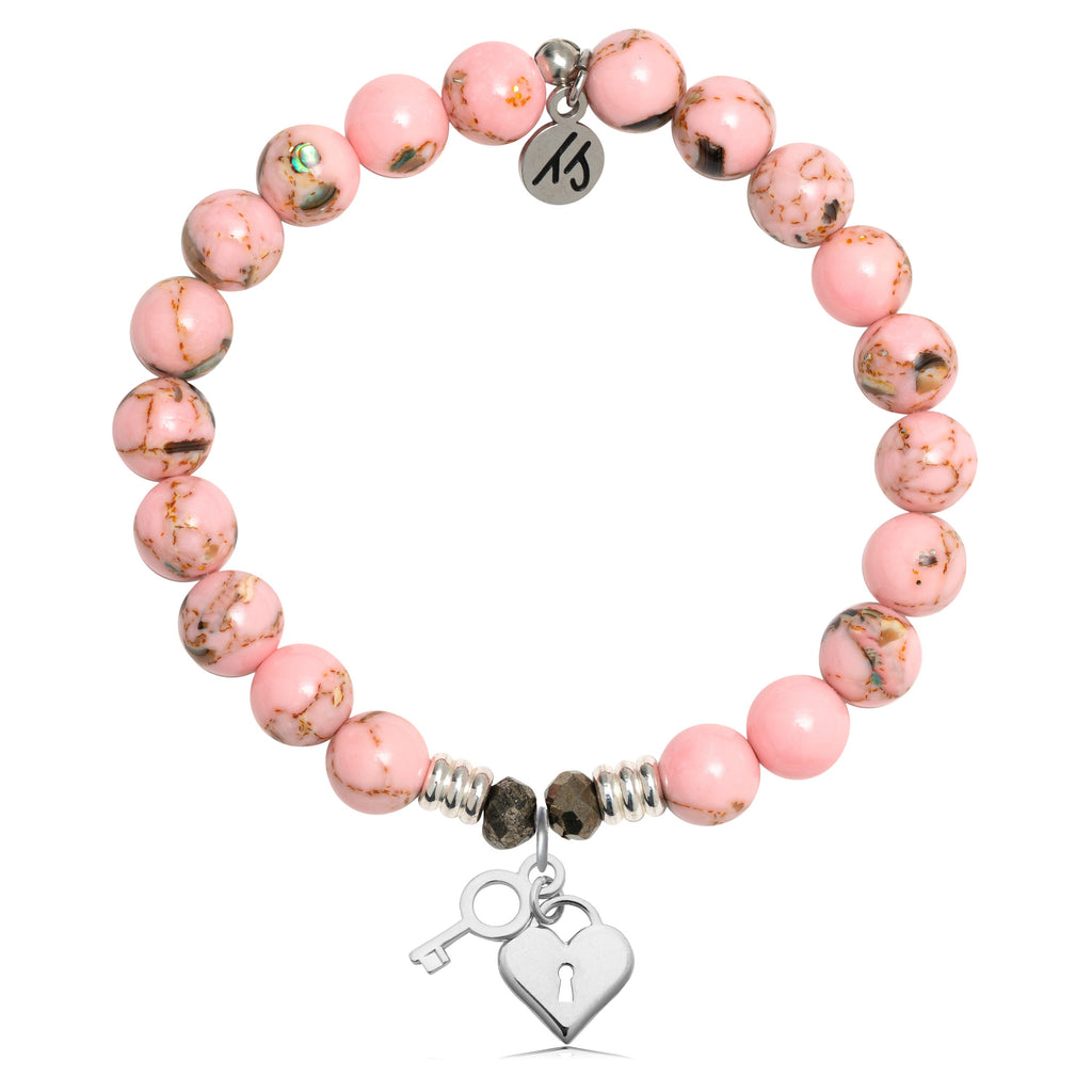 Pink Shell Stone Bracelet with Key to my Heart Sterling Silver Charm