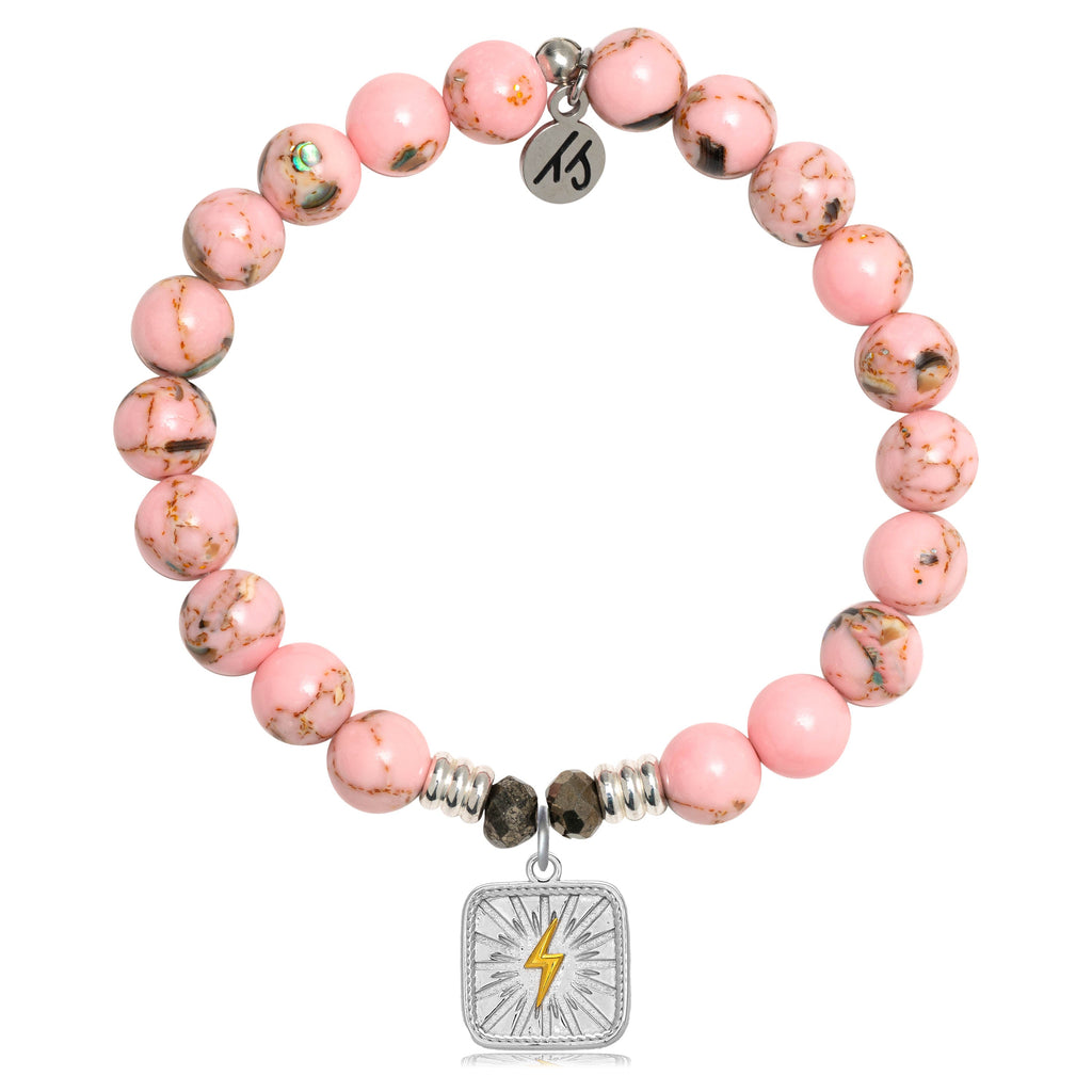 Pink Shell Stone Bracelet with Lightning Bolt Sterling Silver Charm