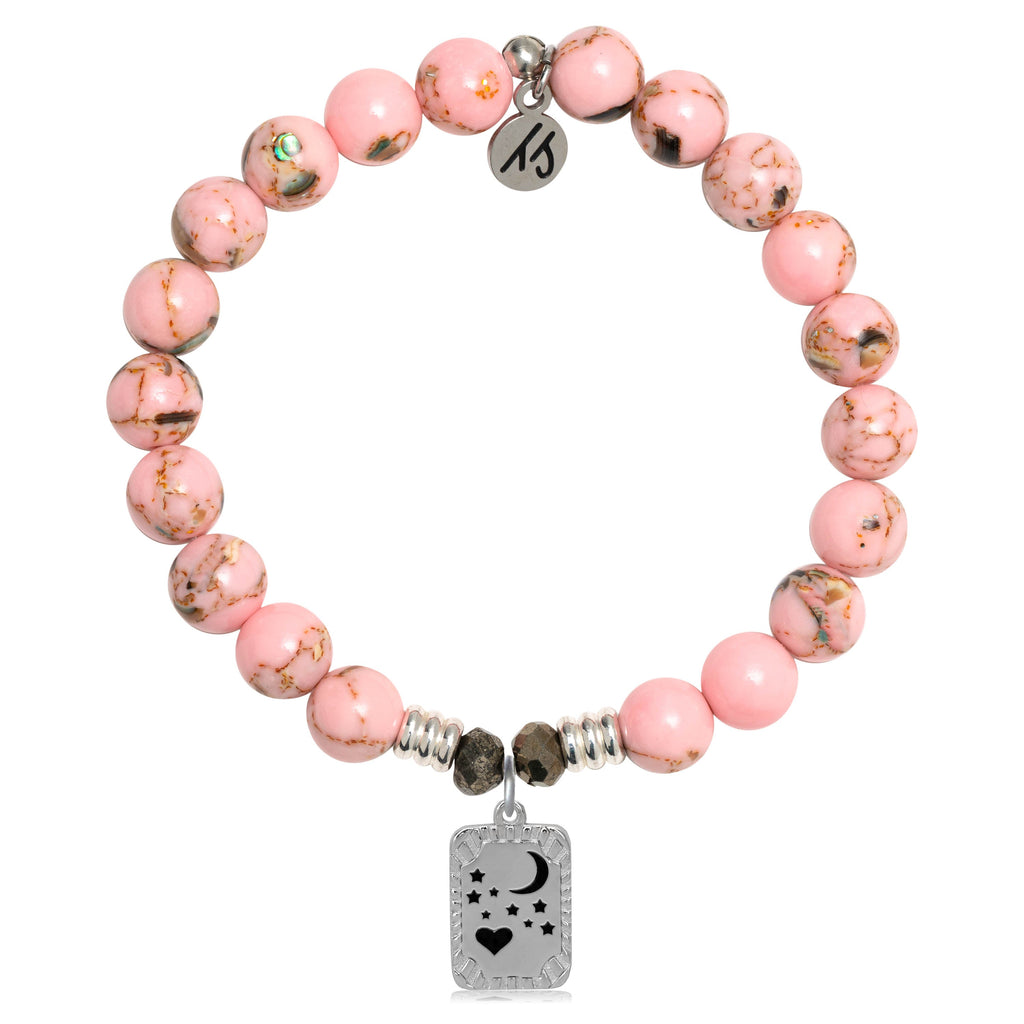 Pink Shell Stone Bracelet with Moon and Back Sterling Silver Charm