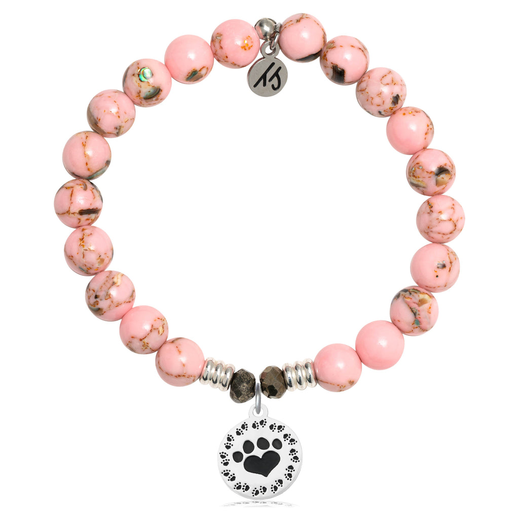 Pink Shell Stone Bracelet with Paw Print Sterling Silver Charm