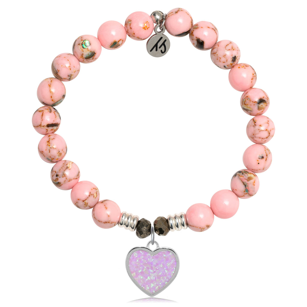 Pink Shell Stone Bracelet with Pink Opal Heart Sterling Silver Charm