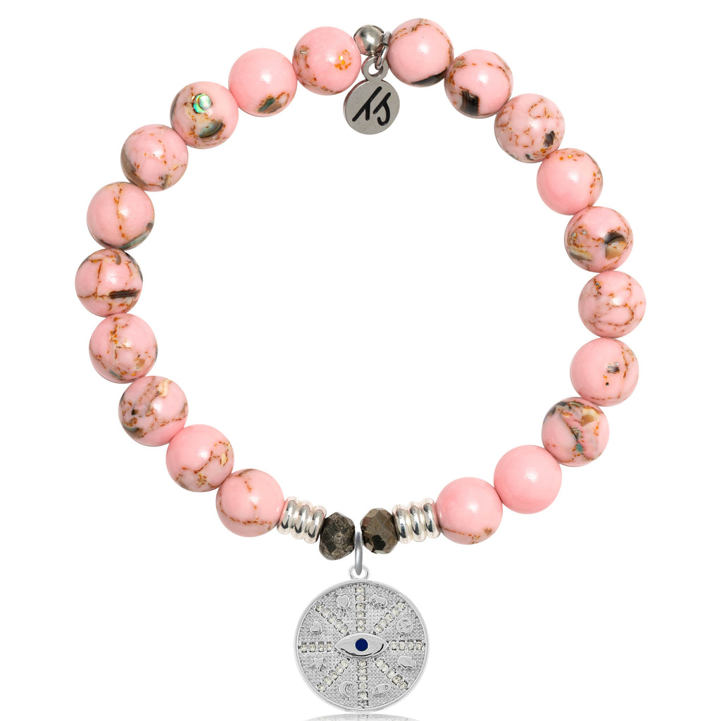 Pink Shell Stone Bracelet with Protection Sterling Silver Charm