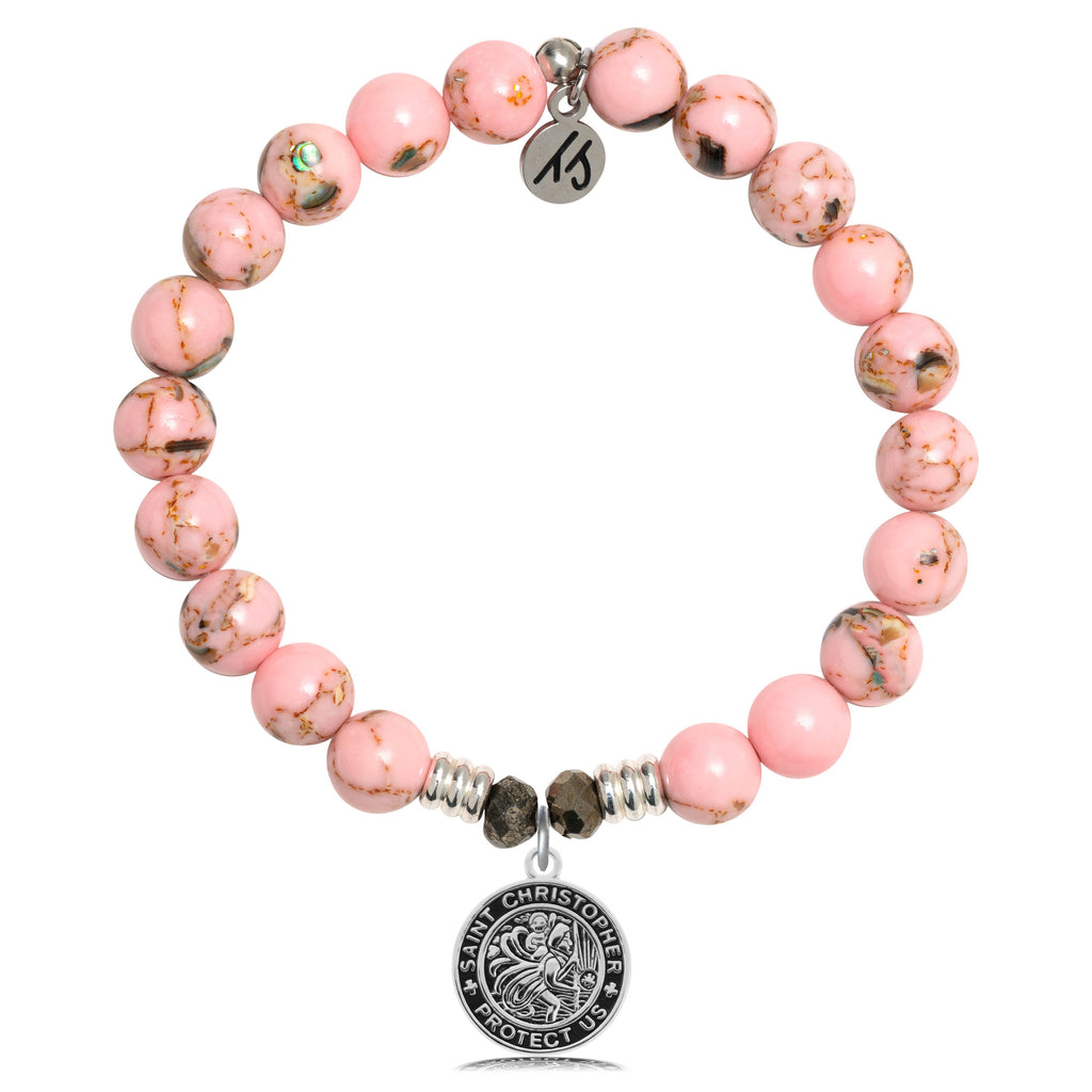 Pink Shell Stone Bracelet with Saint Christopher Sterling Silver Charm