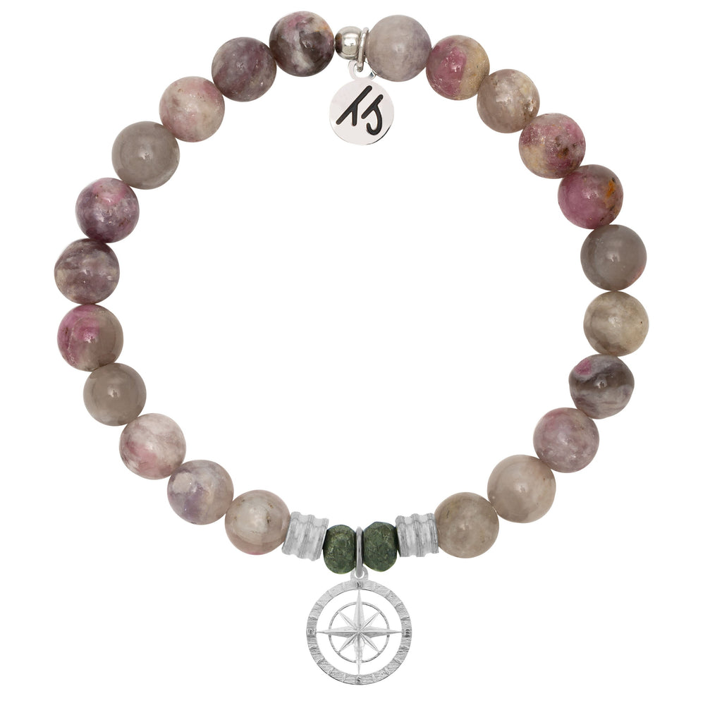 Pink Tourmaline Stone Bracelet with Compass Rose Sterling Silver Charm