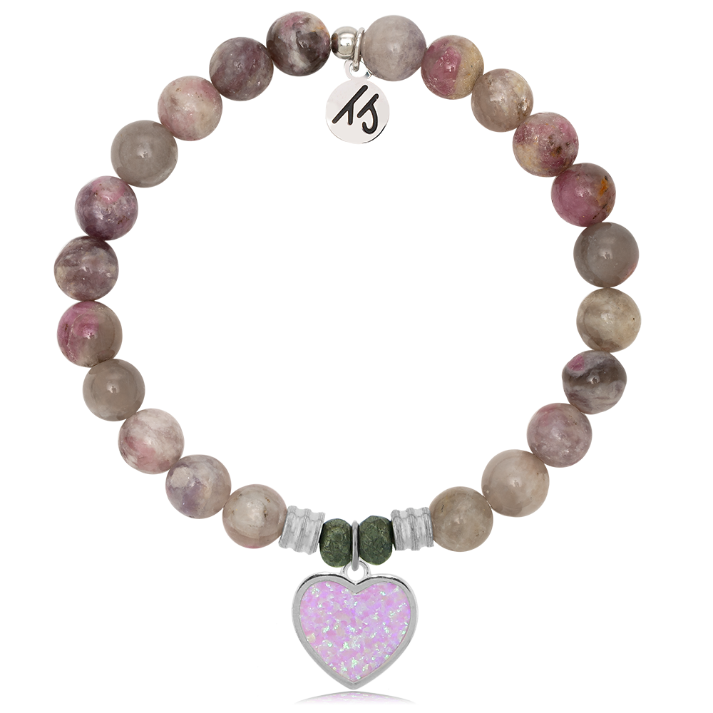 Pink Tourmaline Stone Bracelet with Pink Opal Heart Sterling Silver Charm