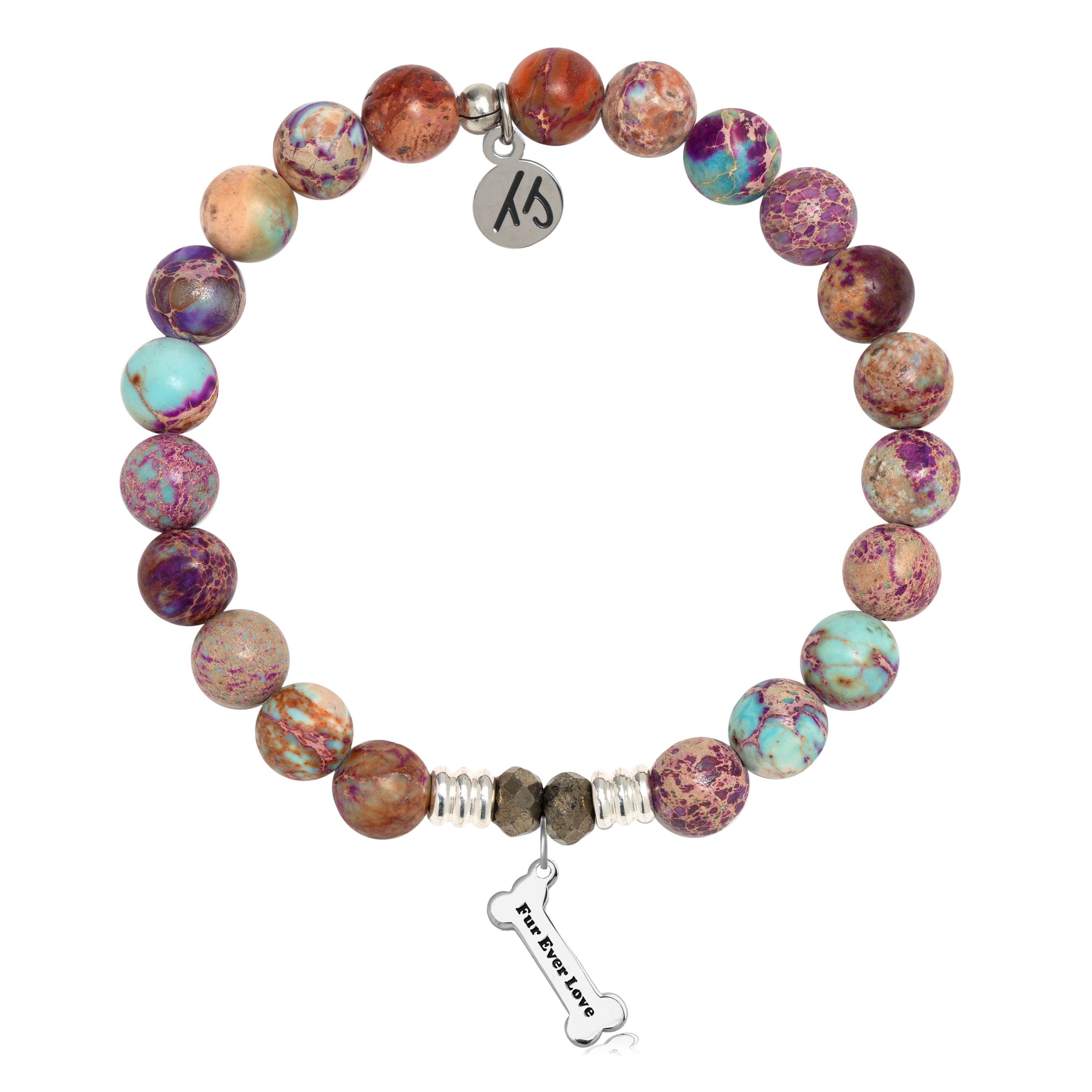Purple Jasper Stone Bracelet with Fur Ever Love Sterling Silver Charm