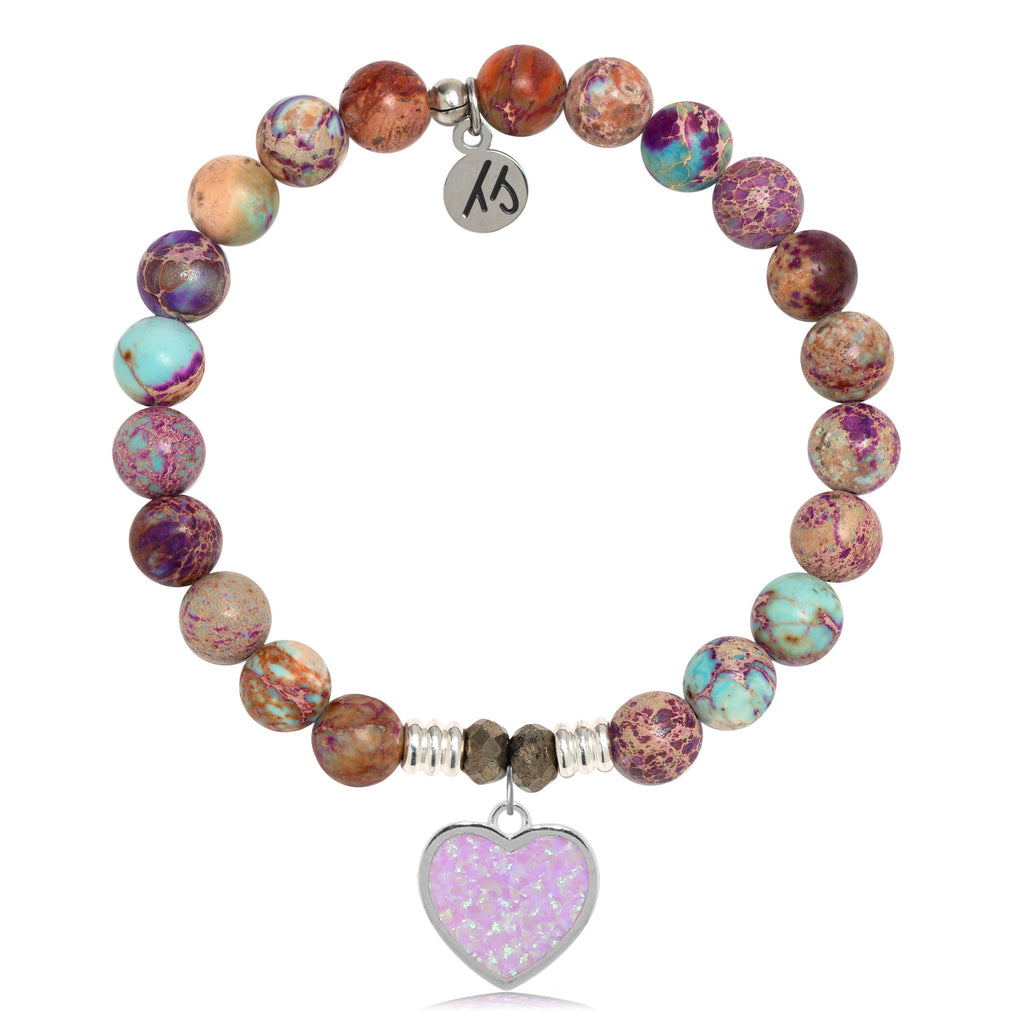 Purple Jasper Stone Bracelet with Pink Opal Heart Sterling Silver Charm