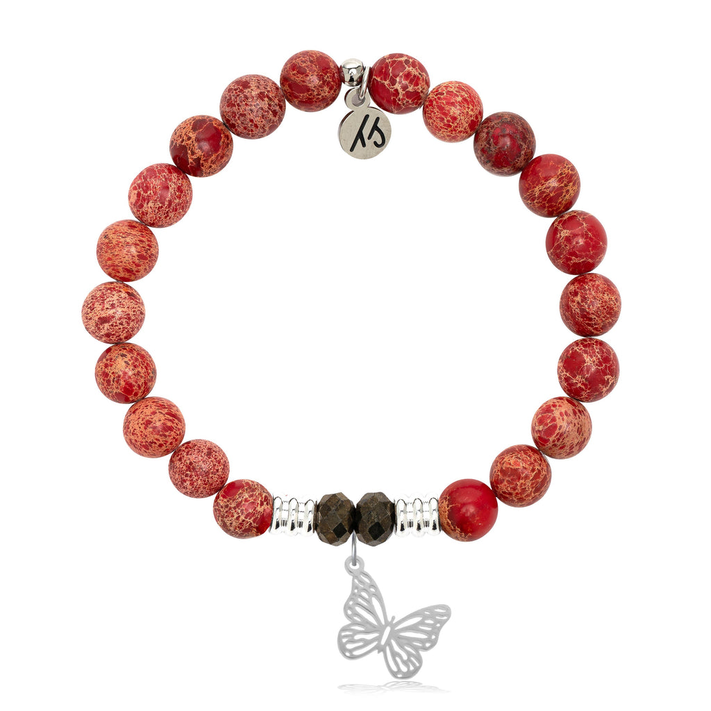 Red Jasper Stone Bracelet with Butterfly Sterling Silver Charm