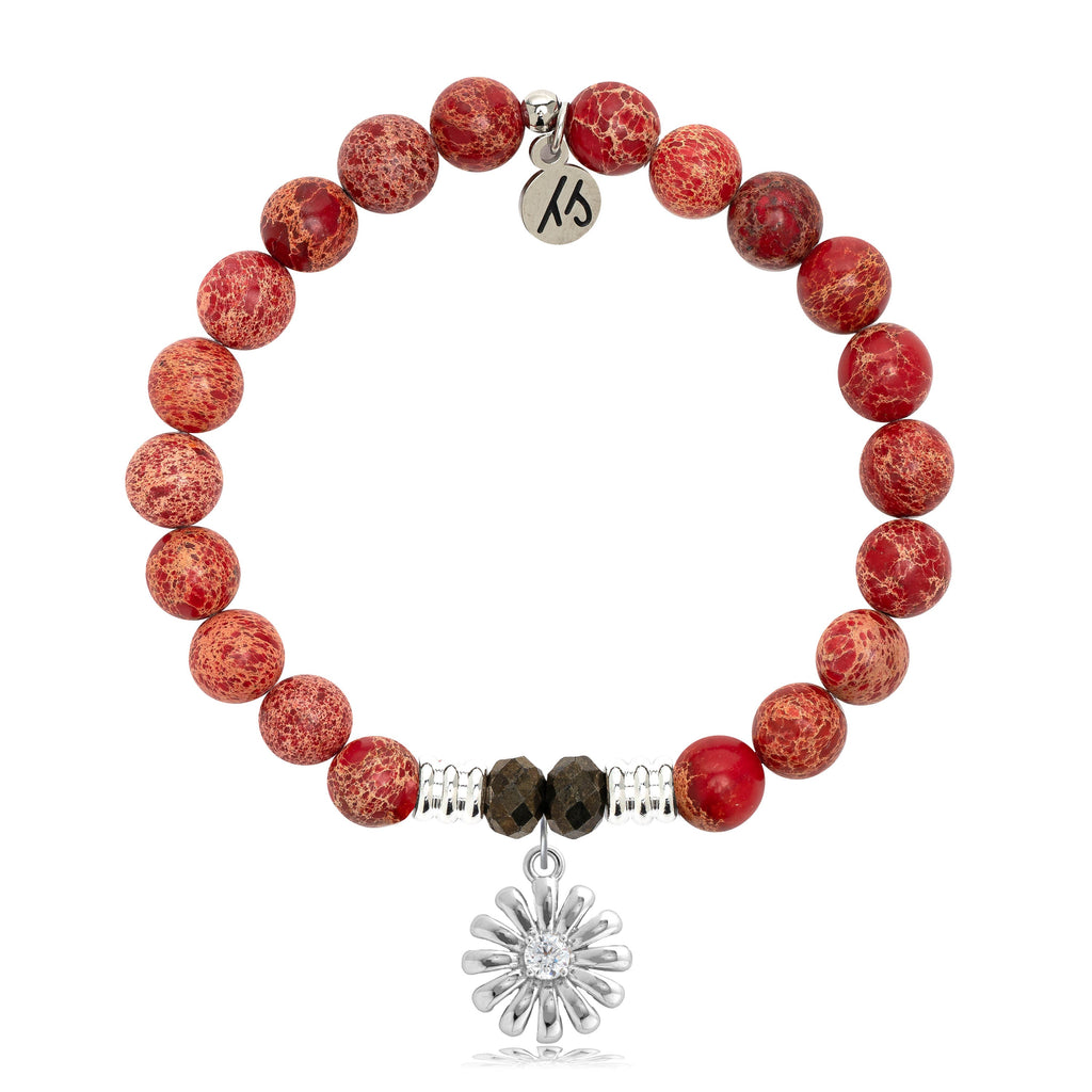 Red Jasper Stone Bracelet with Daisy Sterling Silver Charm