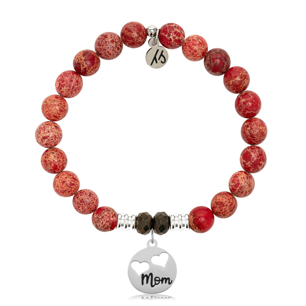 Red Jasper Stone Bracelet with Mom Hearts Sterling Silver Charm