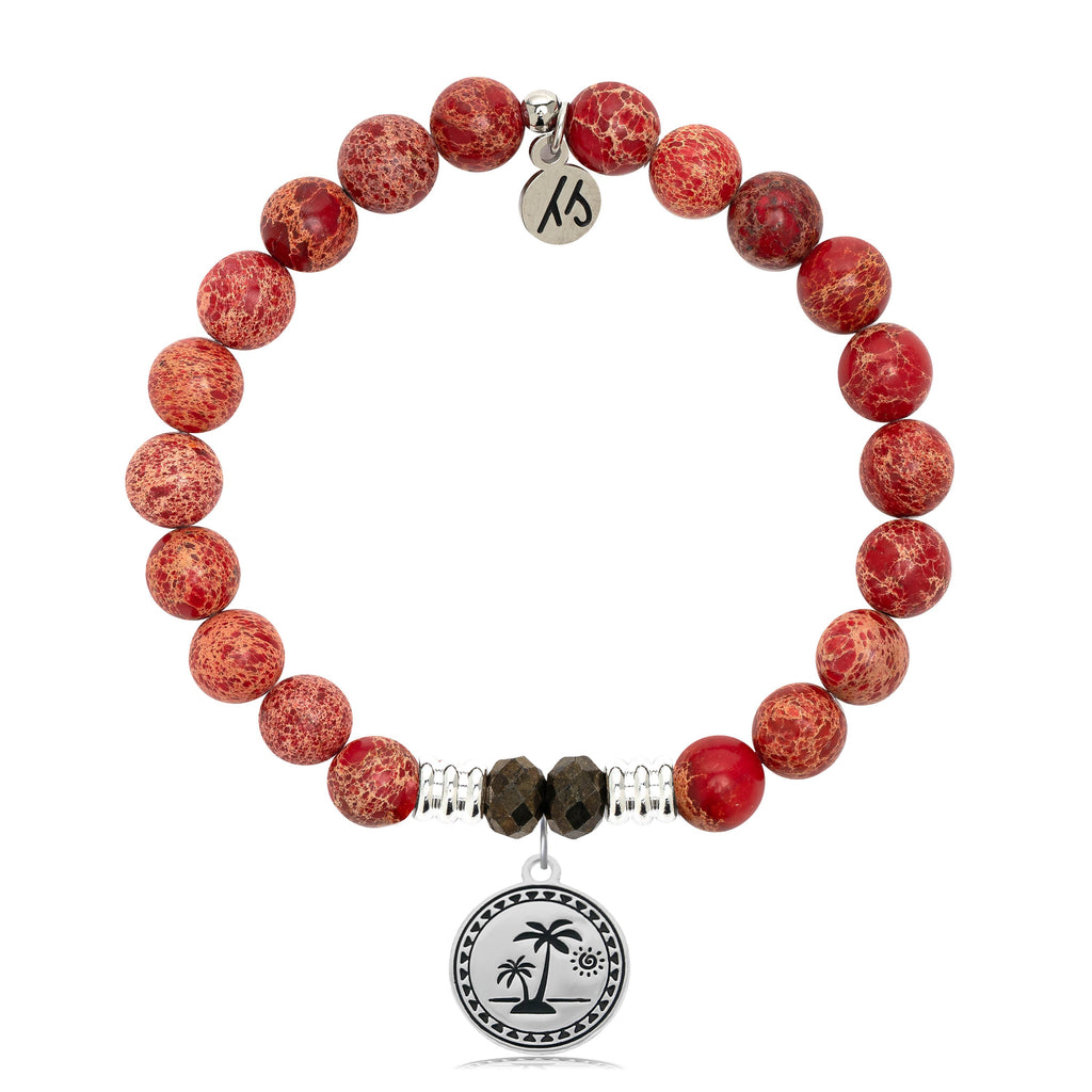 Red Jasper Stone Bracelet with Palm Tree Sterling Silver Charm