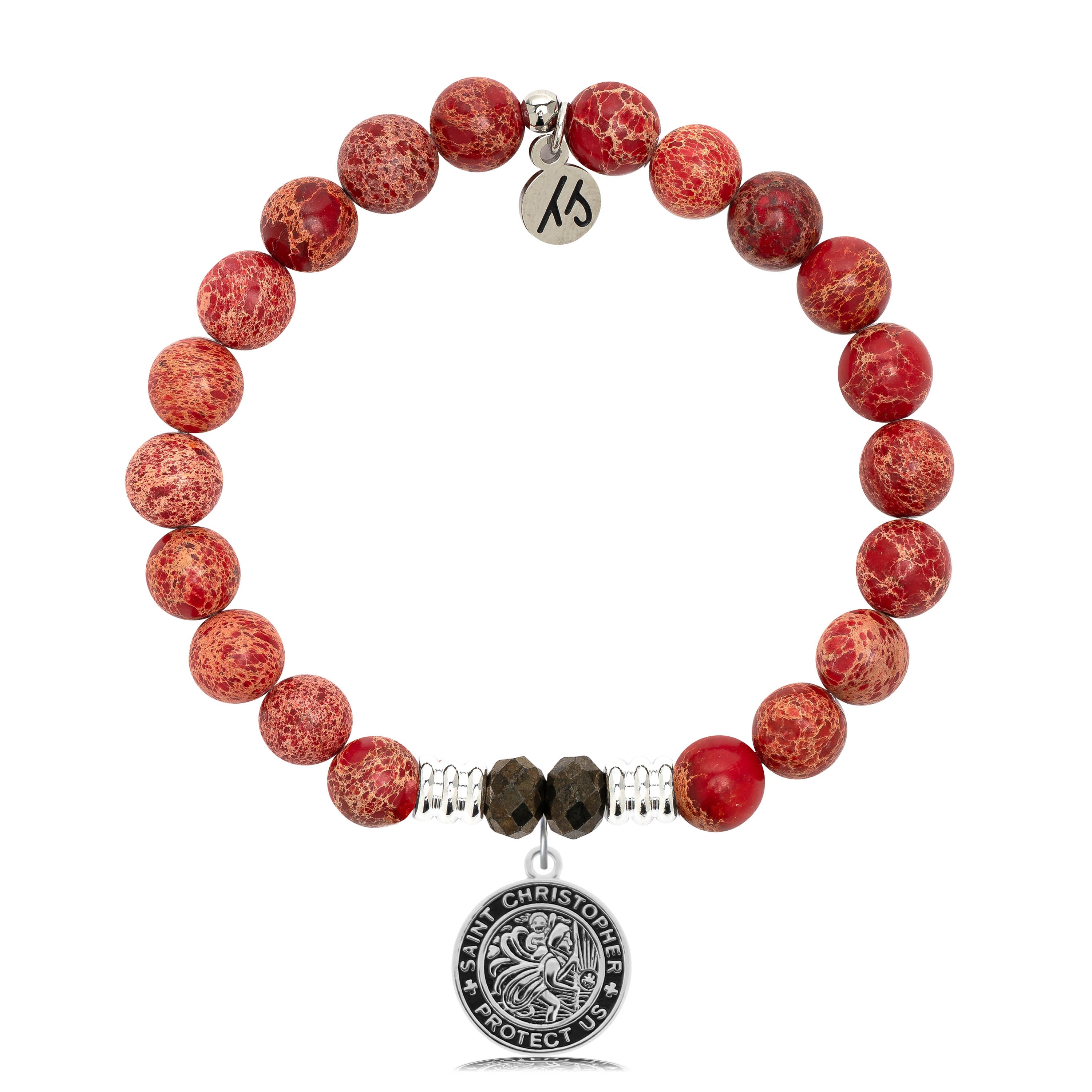 Red Jasper Stone Bracelet with Saint Christopher Sterling Silver Charm