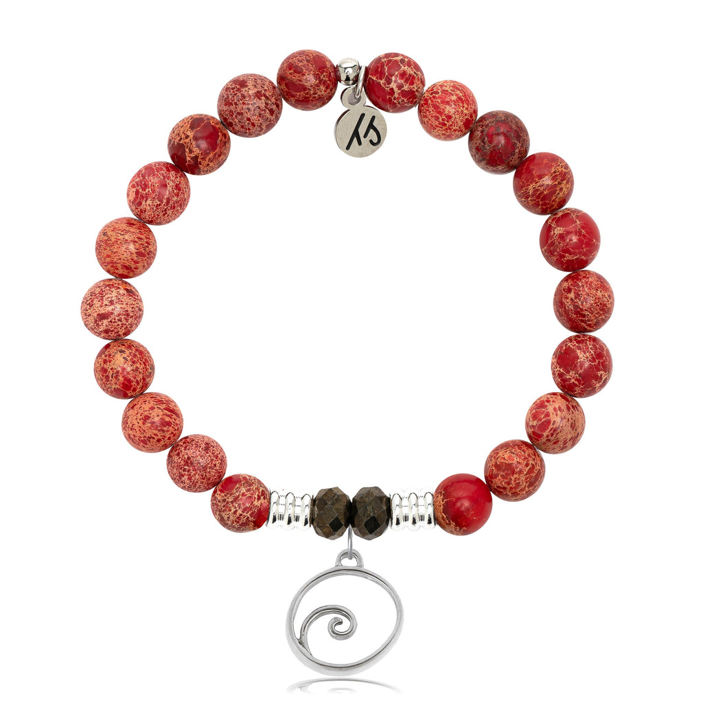 Red Jasper Stone Bracelet with Wave Sterling Silver Charm