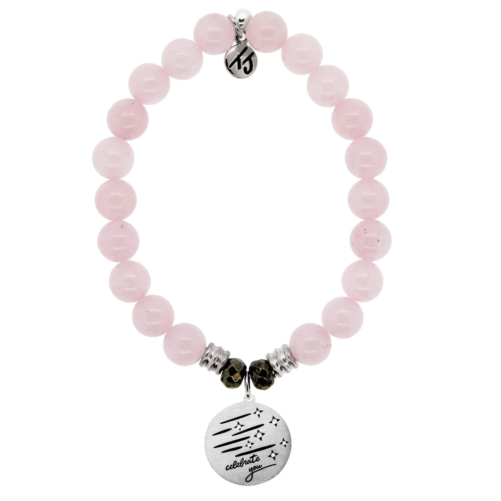 Rose Quartz Stone Bracelet with Birthday Wishes Sterling Silver Charm