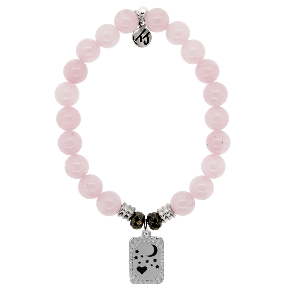 Rose Quartz Stone Bracelet with Moon and Back Sterling Silver Charm