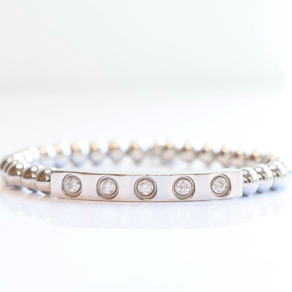 Silver Milestone Bracelet - Silver Steel with White Milestone Gem Bar