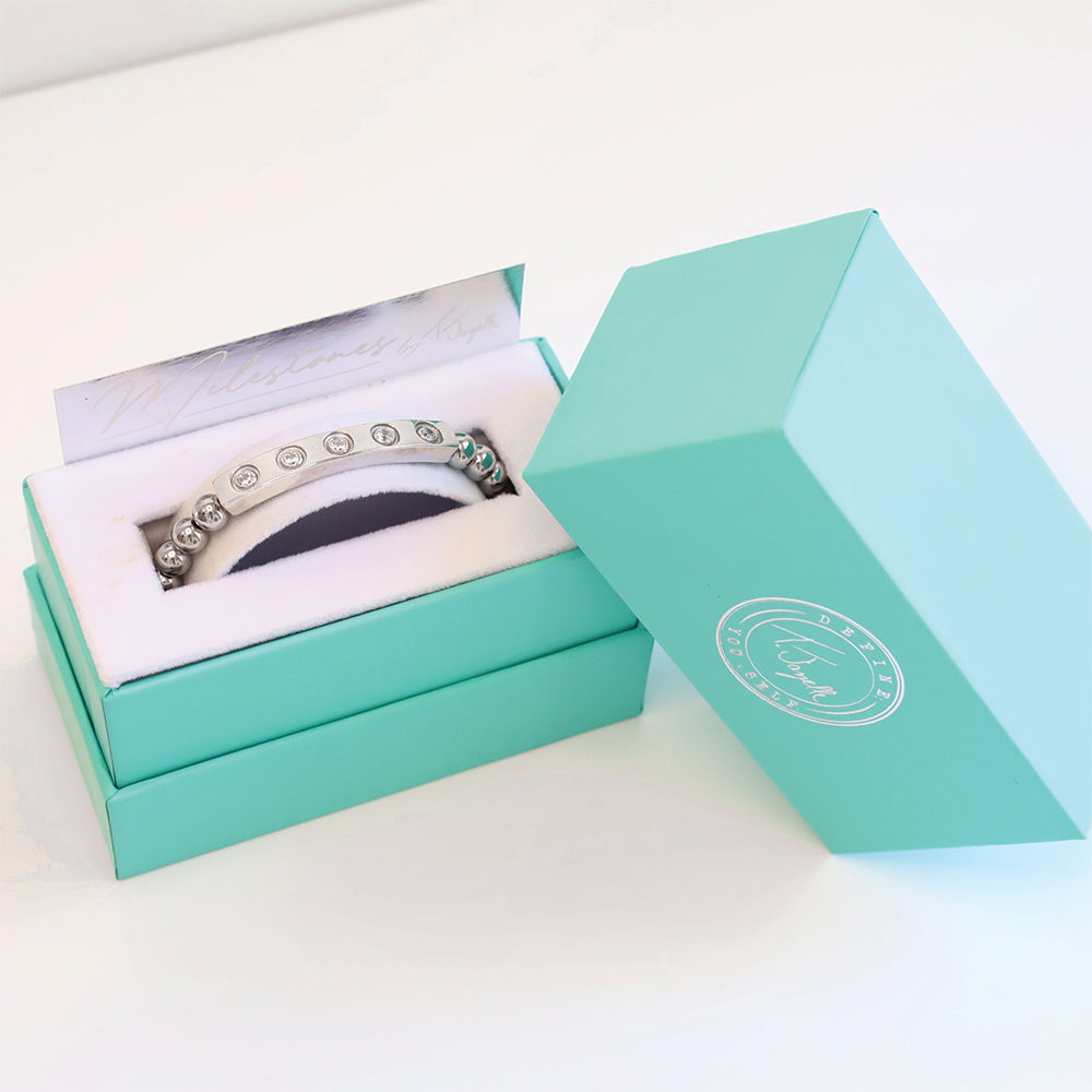 Silver Milestone Bracelet - Silver Steel with White Milestone Gem Bar