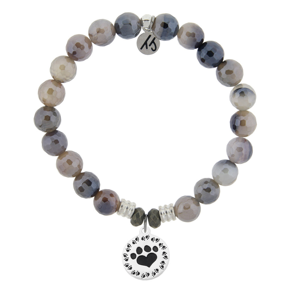 Storm Agate Stone Bracelet with Paw Print Sterling Silver Charm