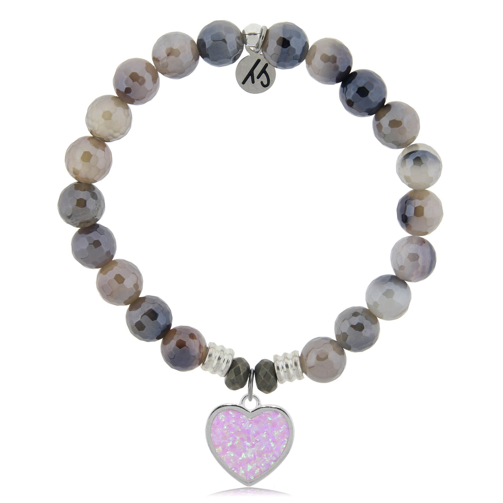 Storm Agate Stone Bracelet with Pink Opal Heart Sterling Silver Charm