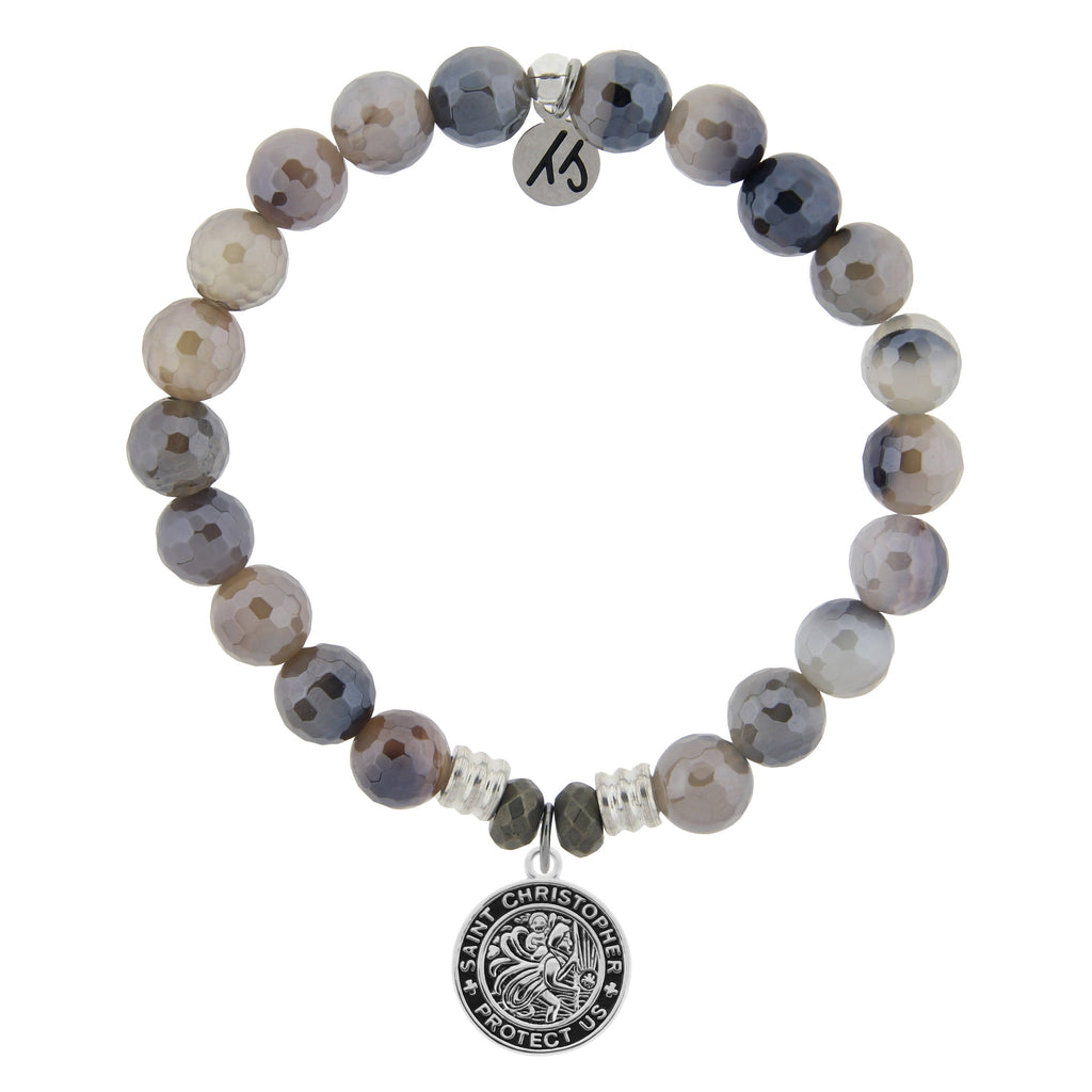 Storm Agate Stone Bracelet with Saint Christopher Sterling Silver Charm