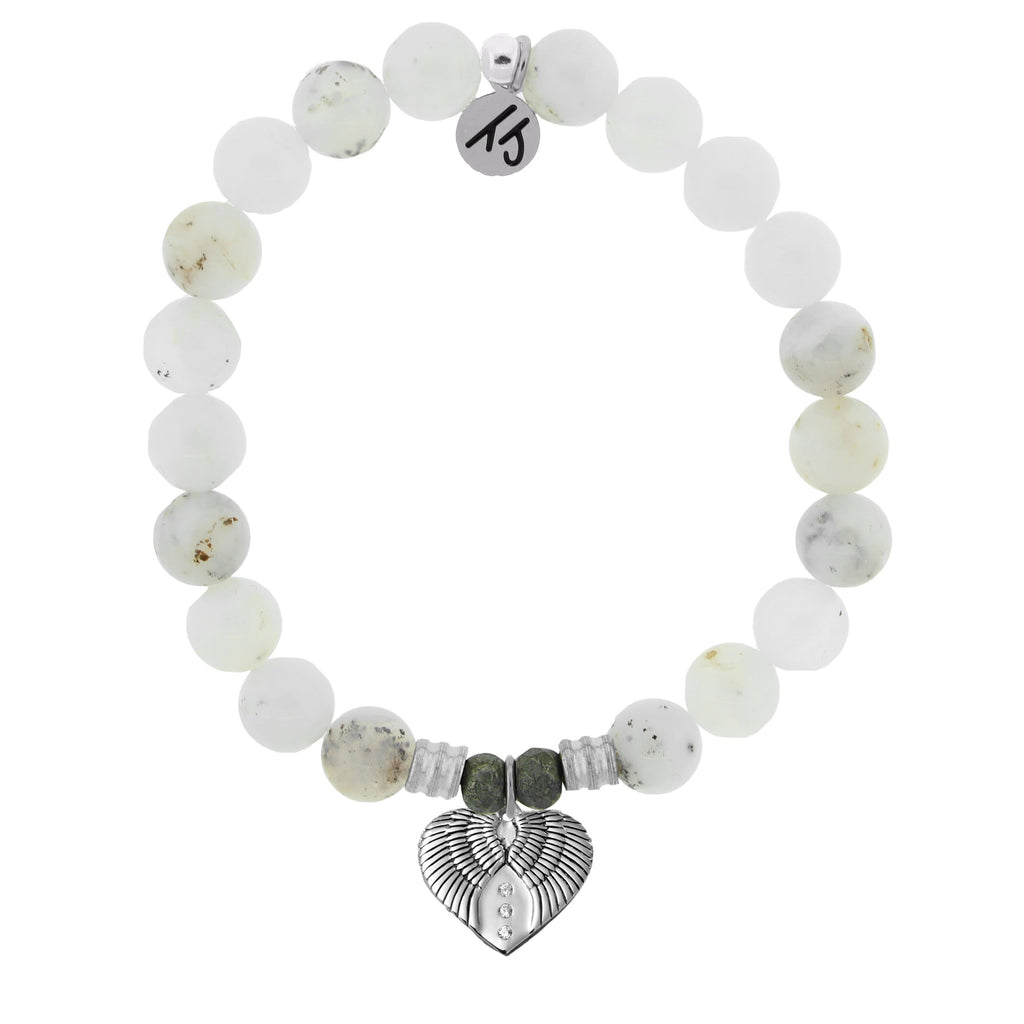 White Chalcedony Bracelet with Heart of Angels Sterling Silver Charm
