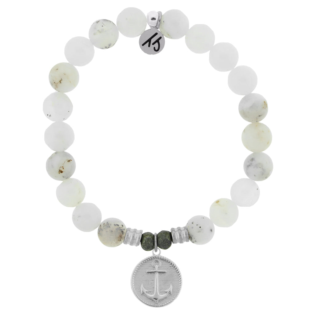 White Chalcedony Stone Bracelet with Anchor Sterling Silver Charm